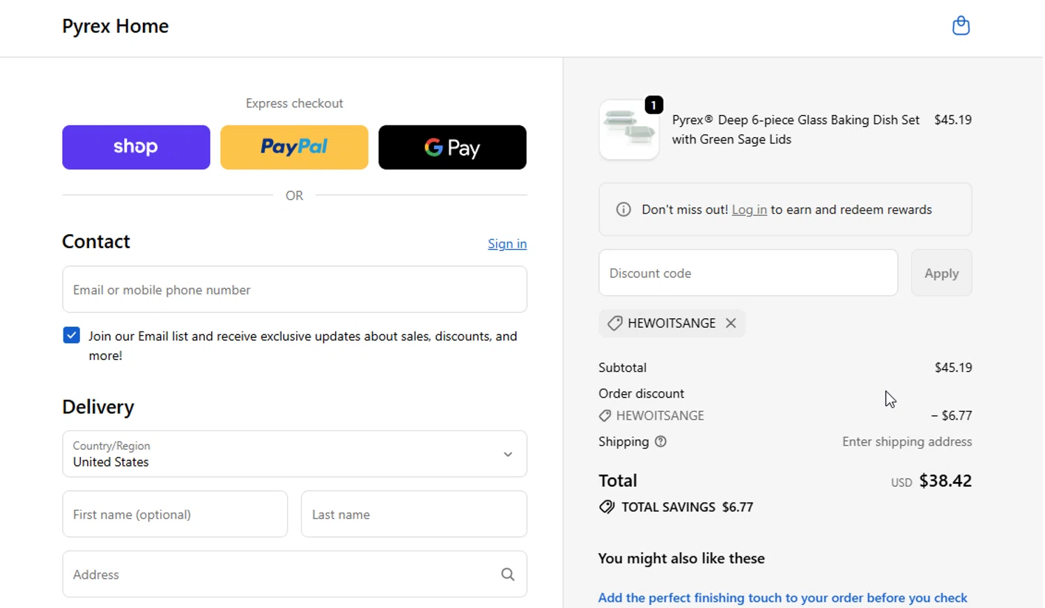 Pyrex checkout page showing Pyrex promo code box | Screenshot taken by SimplyCodes community member on Jan 31, 2026