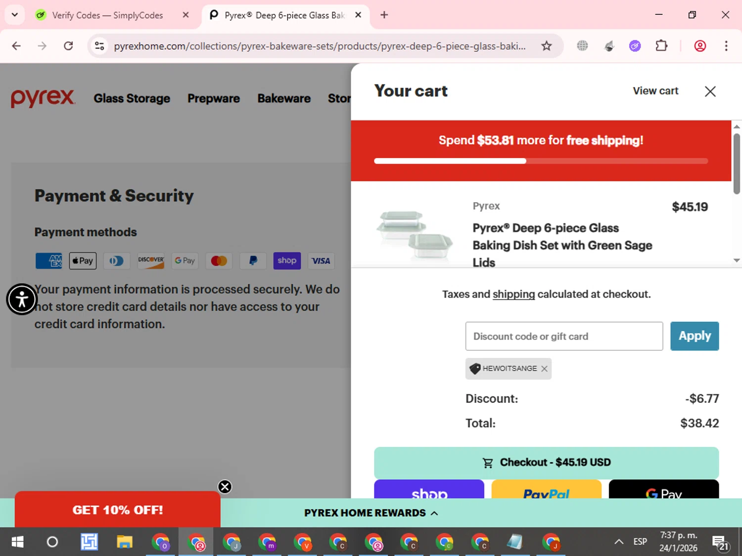 Pyrex checkout page showing Pyrex promo code box | Screenshot taken by SimplyCodes community member on Jan 24, 2026