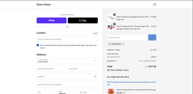 Pyrex checkout page showing Pyrex promo code box | Screenshot taken by SimplyCodes community member on Sep 6, 2025