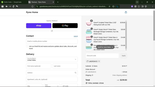 Pyrex checkout page showing Pyrex promo code box | Screenshot taken by SimplyCodes community member on Sep 6, 2025