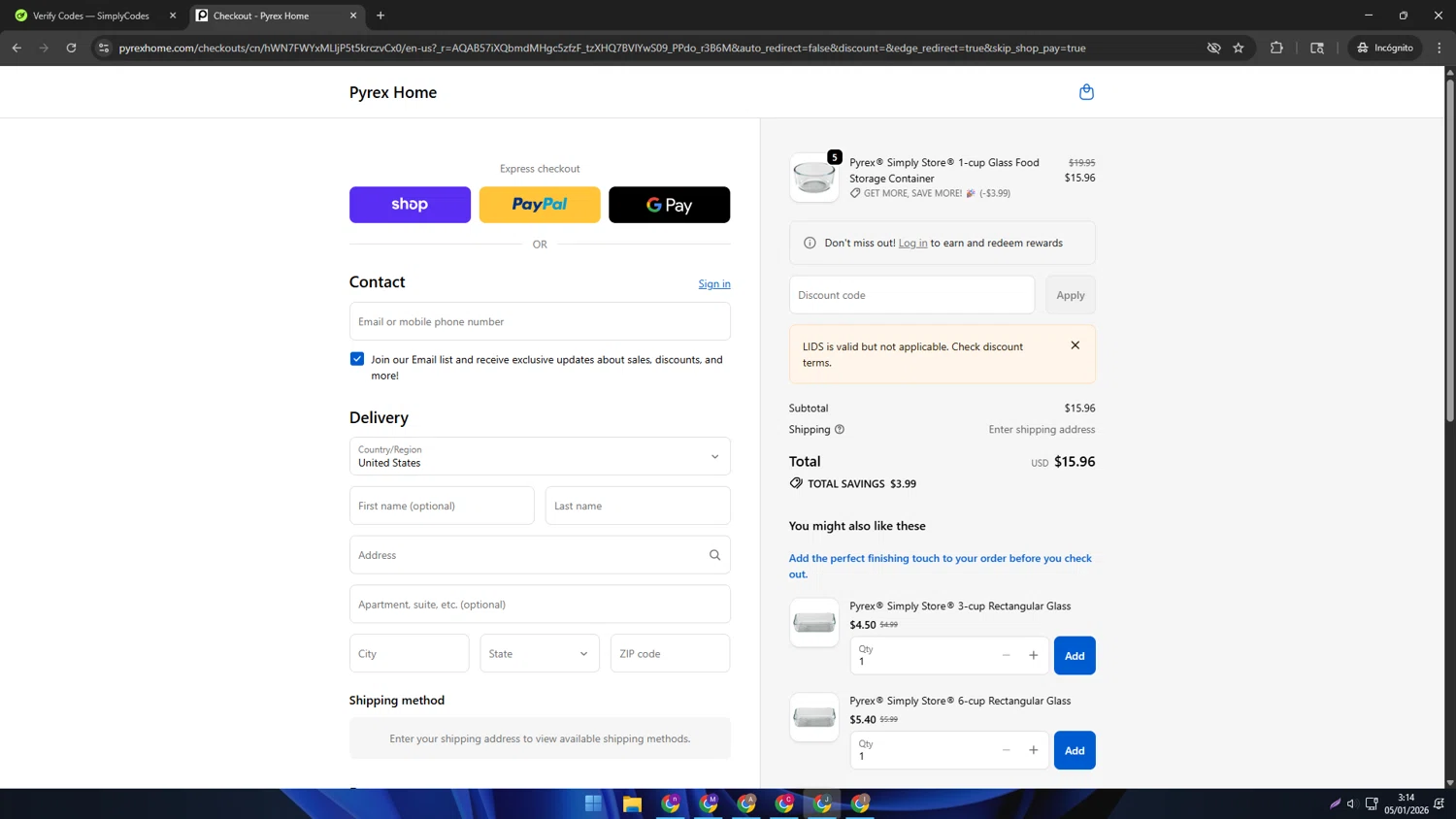 Pyrex checkout page showing Pyrex promo code box | Screenshot taken by SimplyCodes community member on Jan 5, 2026