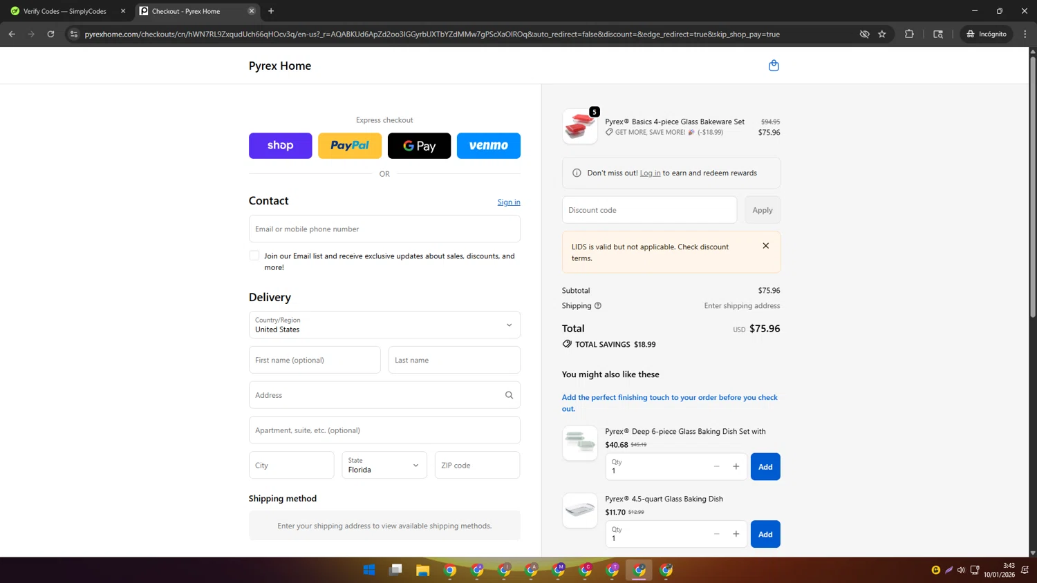 Pyrex checkout page showing Pyrex promo code box | Screenshot taken by SimplyCodes community member on Jan 10, 2026