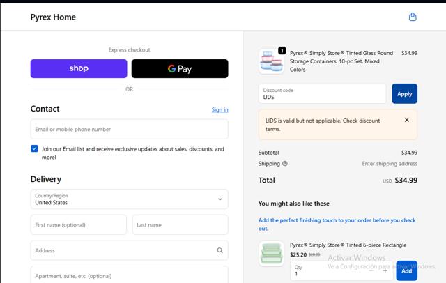 Pyrex checkout page showing Pyrex promo code box | Screenshot taken by SimplyCodes community member on Oct 1, 2025