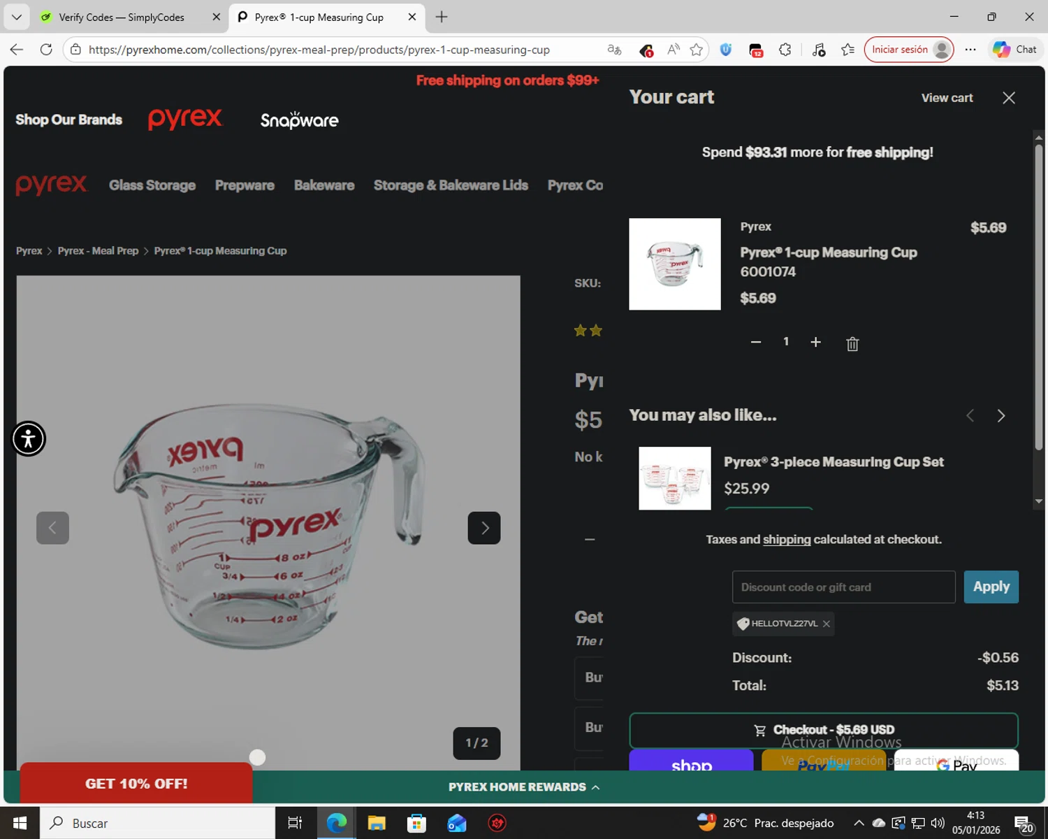Pyrex checkout page showing Pyrex promo code box | Screenshot taken by SimplyCodes community member on Jan 5, 2026