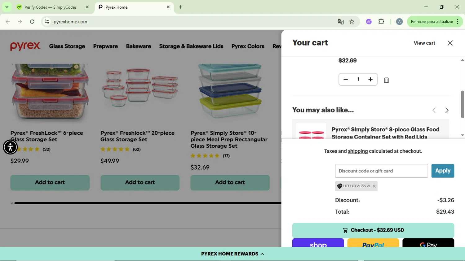 Pyrex promo code screenshot showing code HELLOTVLZ27VL applied at Pyrex checkout page. Uploaded by SimplyCodes community member DiscountVirtuoso6243 on Jan 24, 2026
