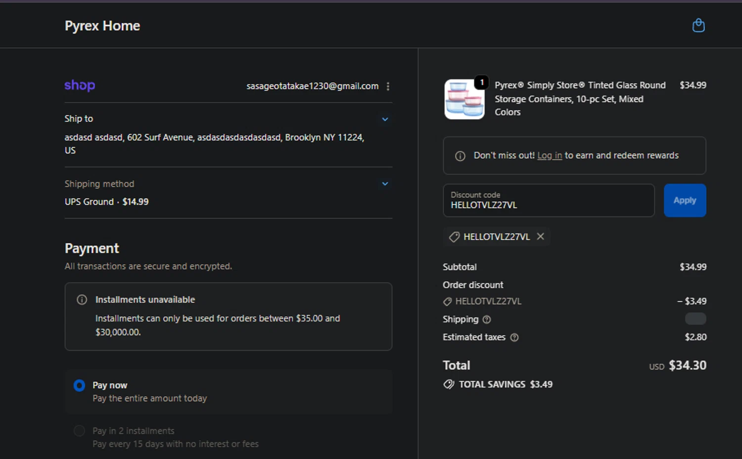 Pyrex promo code screenshot showing code HELLOTVLZ27VL applied at Pyrex checkout page. Uploaded by SimplyCodes community member PedroNavaja on Jan 10, 2026