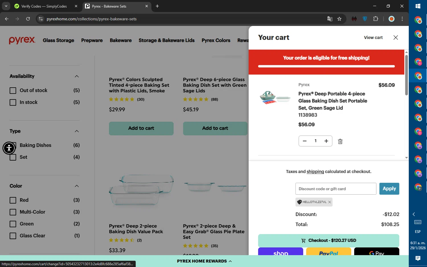 Pyrex checkout page showing Pyrex promo code box | Screenshot taken by SimplyCodes community member on Jan 29, 2026