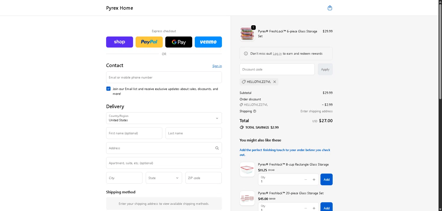 Pyrex promo code screenshot showing code HELLOTVLZ27VL applied at Pyrex checkout page. Uploaded by SimplyCodes community member VictoriousFinder4393 on Jan 25, 2026