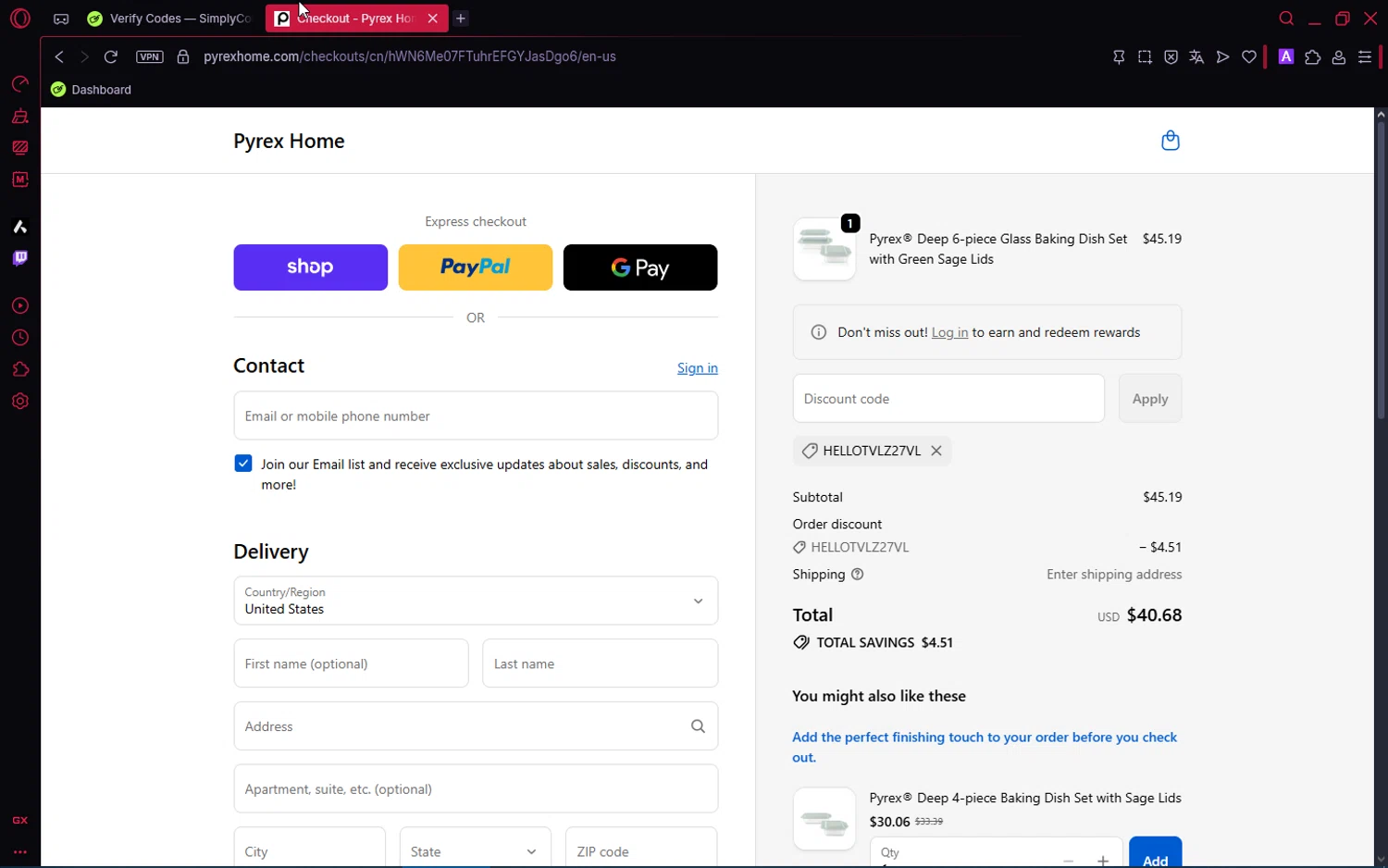 Pyrex promo code screenshot showing code HELLOTVLZ27VL applied at Pyrex checkout page. Uploaded by SimplyCodes community member number_1 on Dec 13, 2025