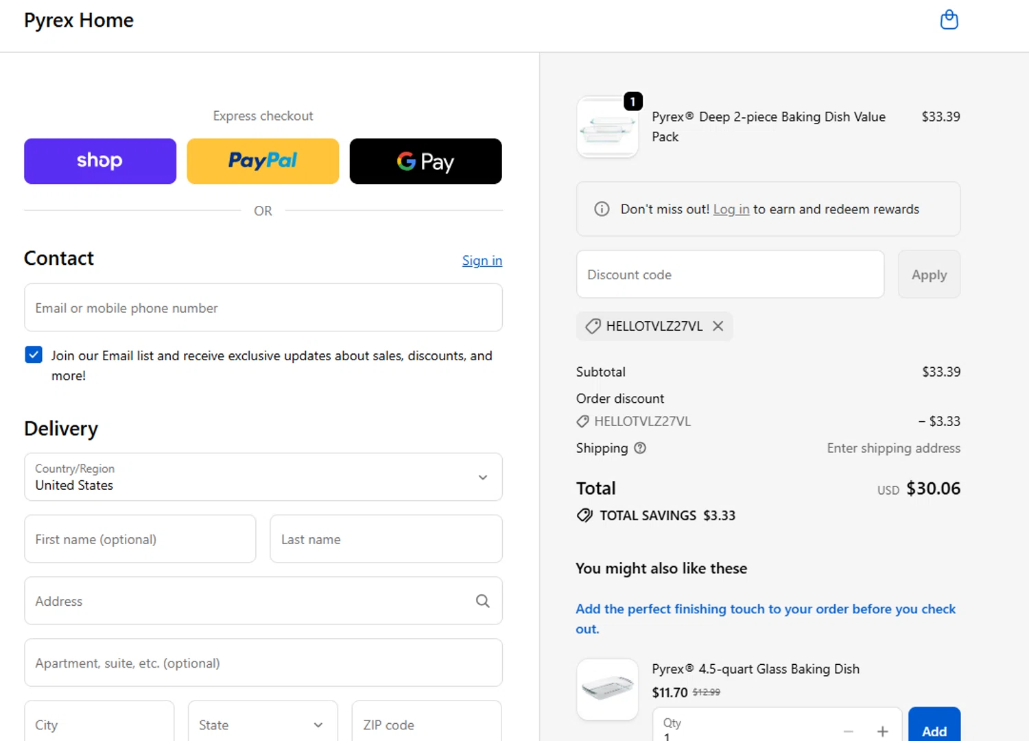 Pyrex promo code screenshot showing code HELLOTVLZ27VL applied at Pyrex checkout page. Uploaded by SimplyCodes community member valeriaantonieta on Dec 31, 2025