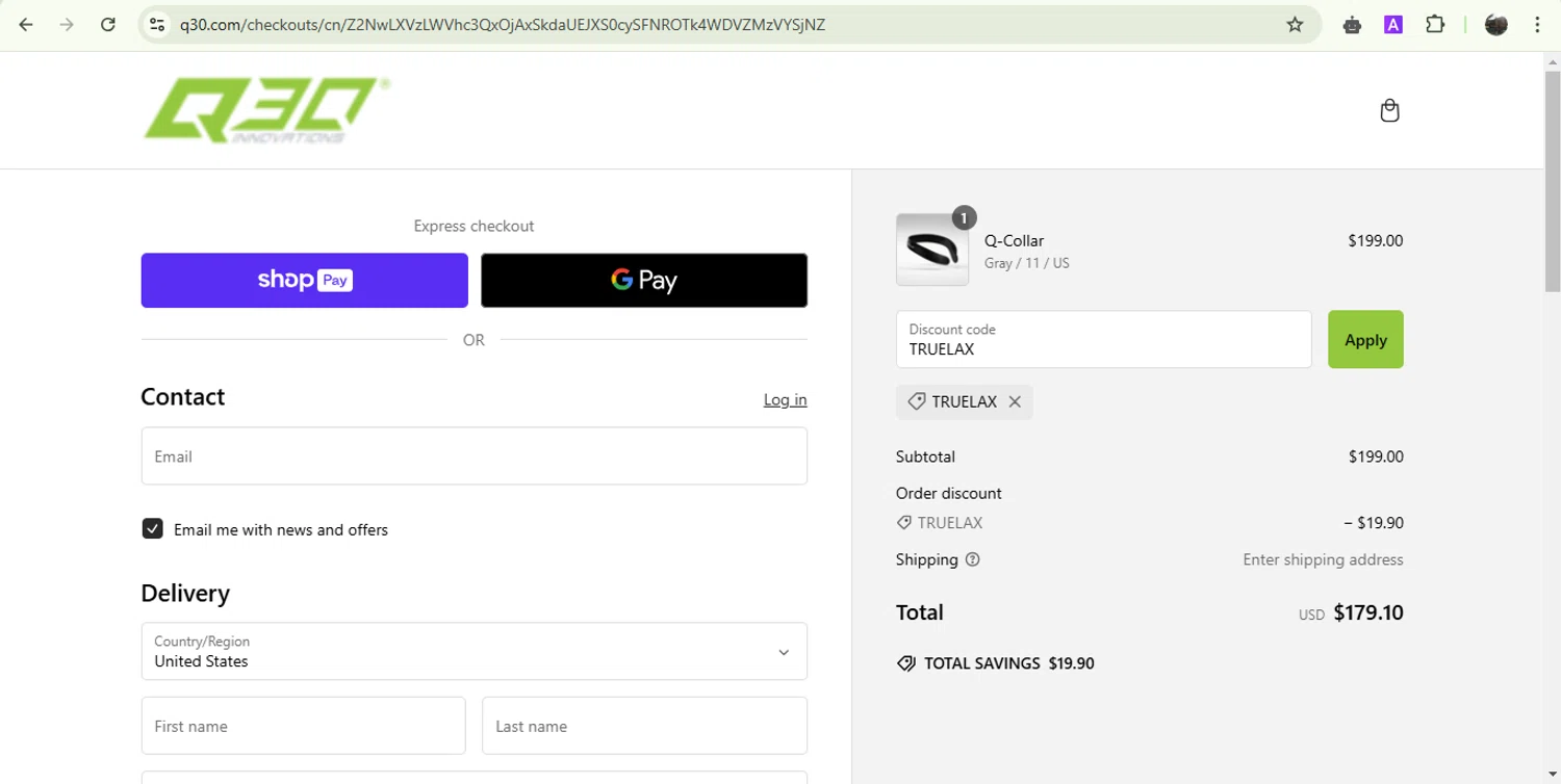 Q30 discount code screenshot showing code TRUELAX applied at Q30 checkout page. Uploaded by SimplyCodes community member Jesusvasquezzz on Jan 7, 2025