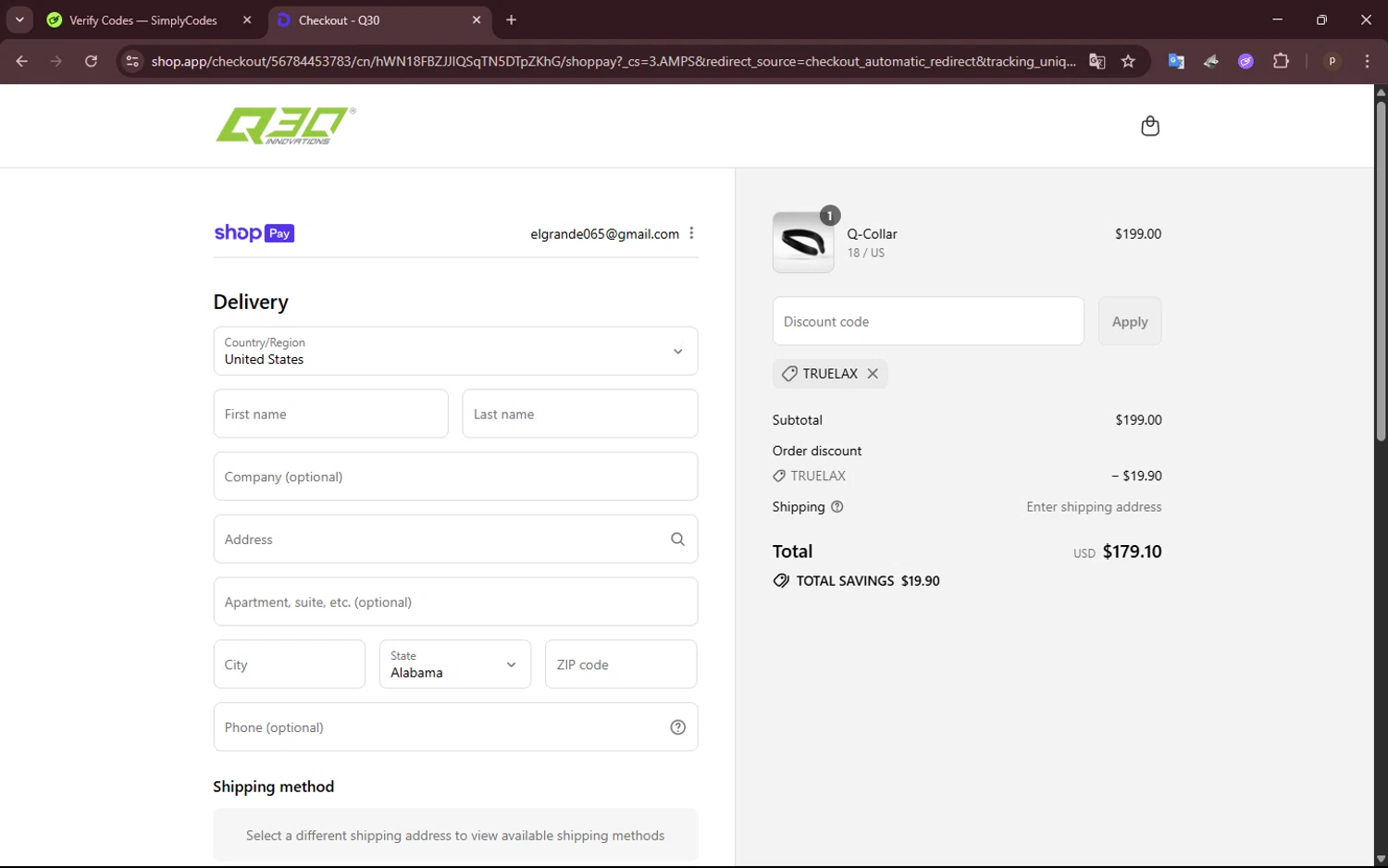 Q30 discount code screenshot showing code TRUELAX applied at Q30 checkout page. Uploaded by SimplyCodes community member NobleShopper9818 on Jul 28, 2025