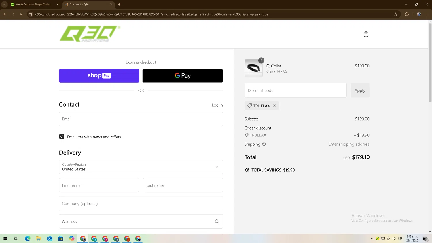 Q30 discount code screenshot showing code TRUELAX applied at Q30 checkout page. Uploaded by SimplyCodes community member zadquiel on Jan 23, 2025