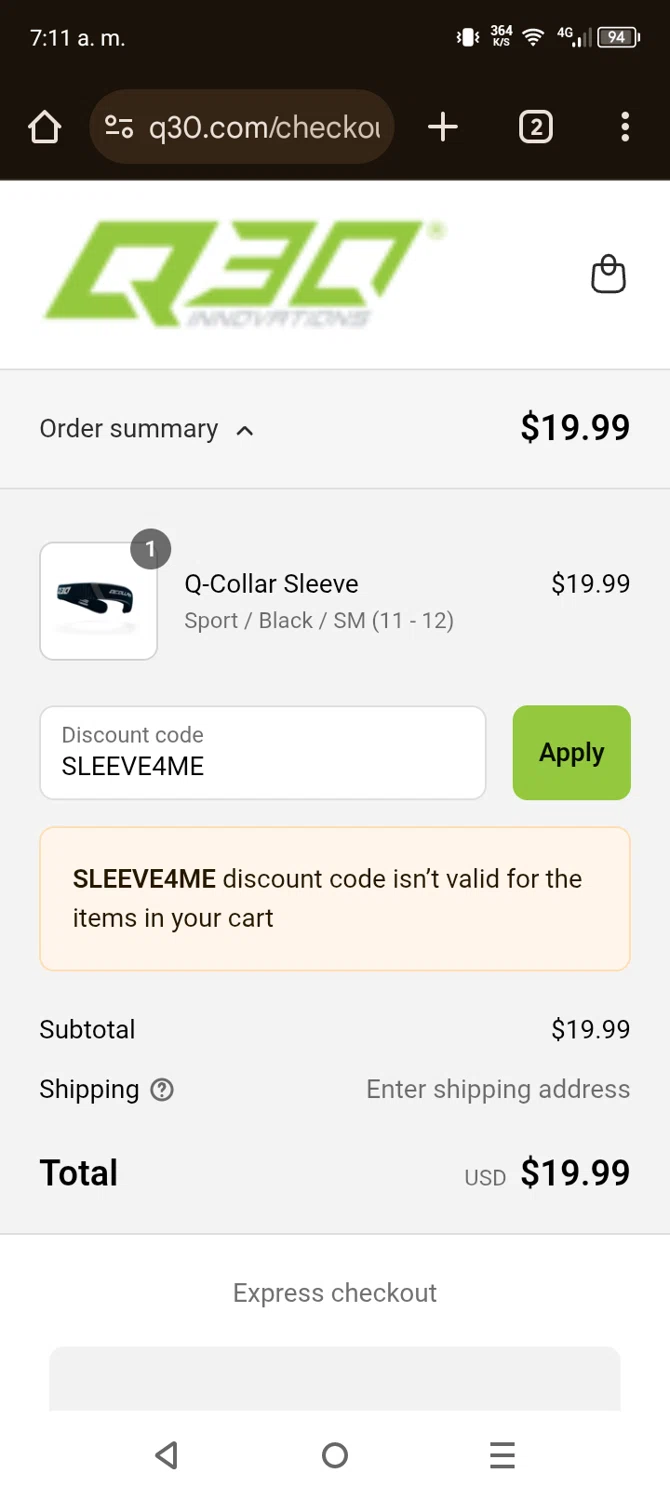 Q30 discount code screenshot showing code SLEEVE4ME applied at Q30 checkout page. Uploaded by SimplyCodes community member Vanmanuel on May 25, 2025