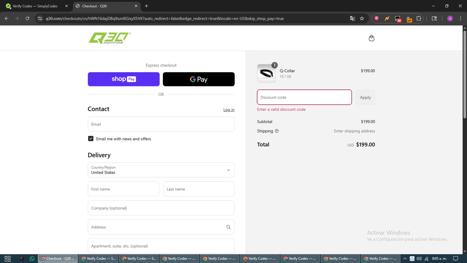 Q30 discount code screenshot showing code FCL10 applied at Q30 checkout page. Uploaded by SimplyCodes community member CouponScout5403 on Jul 27, 2025