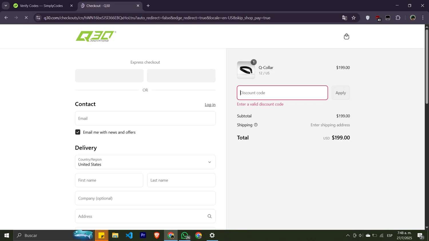 Q30 discount code screenshot showing code FCL10 applied at Q30 checkout page. Uploaded by SimplyCodes community member Moisesdk0 on Jul 27, 2025