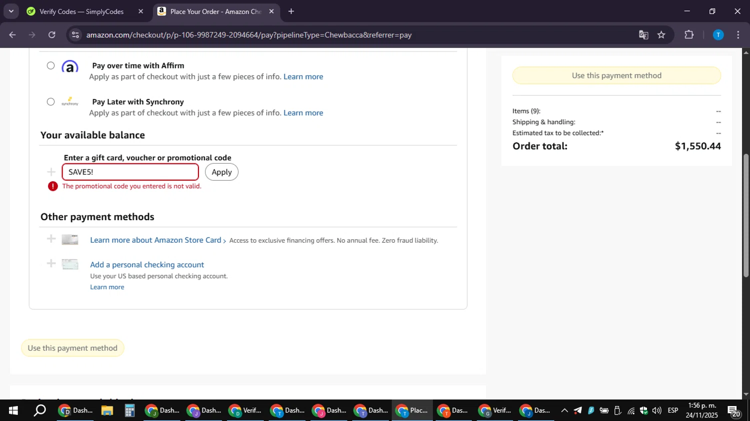 Q Acoustics discount code screenshot showing code SAVE5! applied at Q Acoustics checkout page. Uploaded by SimplyCodes community member LuckyPioneer4530 on Nov 24, 2025