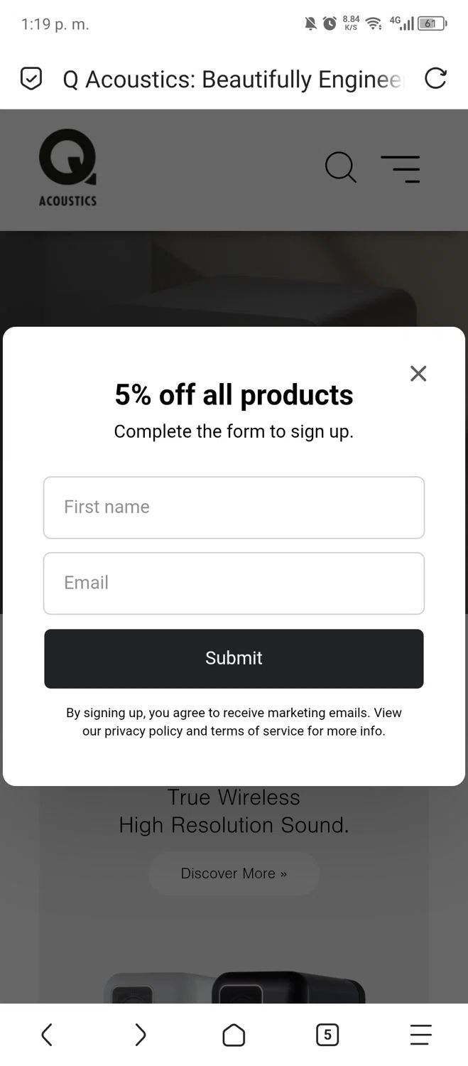 Q Acoustics discount code screenshot showing code SAVE5! applied at Q Acoustics checkout page. Uploaded by SimplyCodes community member carloschacin on Nov 24, 2025