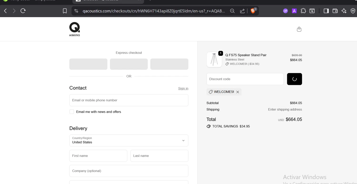 Q Acoustics discount code screenshot showing code WELCOME5! applied at Q Acoustics checkout page. Uploaded by SimplyCodes community member GloriousTitan3094 on Dec 10, 2025