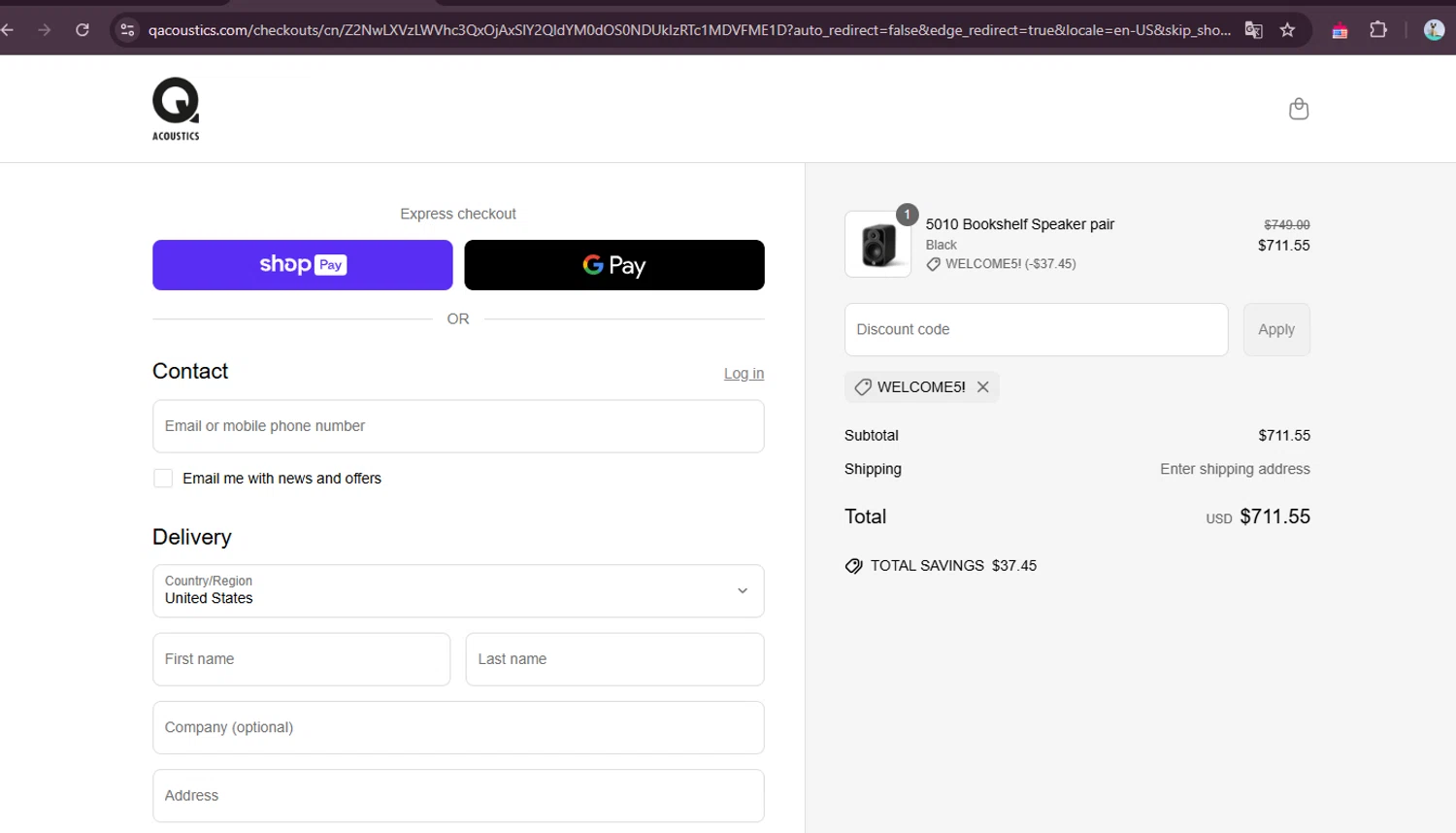Q Acoustics discount code screenshot showing code WELCOME5! applied at Q Acoustics checkout page. Uploaded by SimplyCodes community member elgatobravo on May 14, 2025
