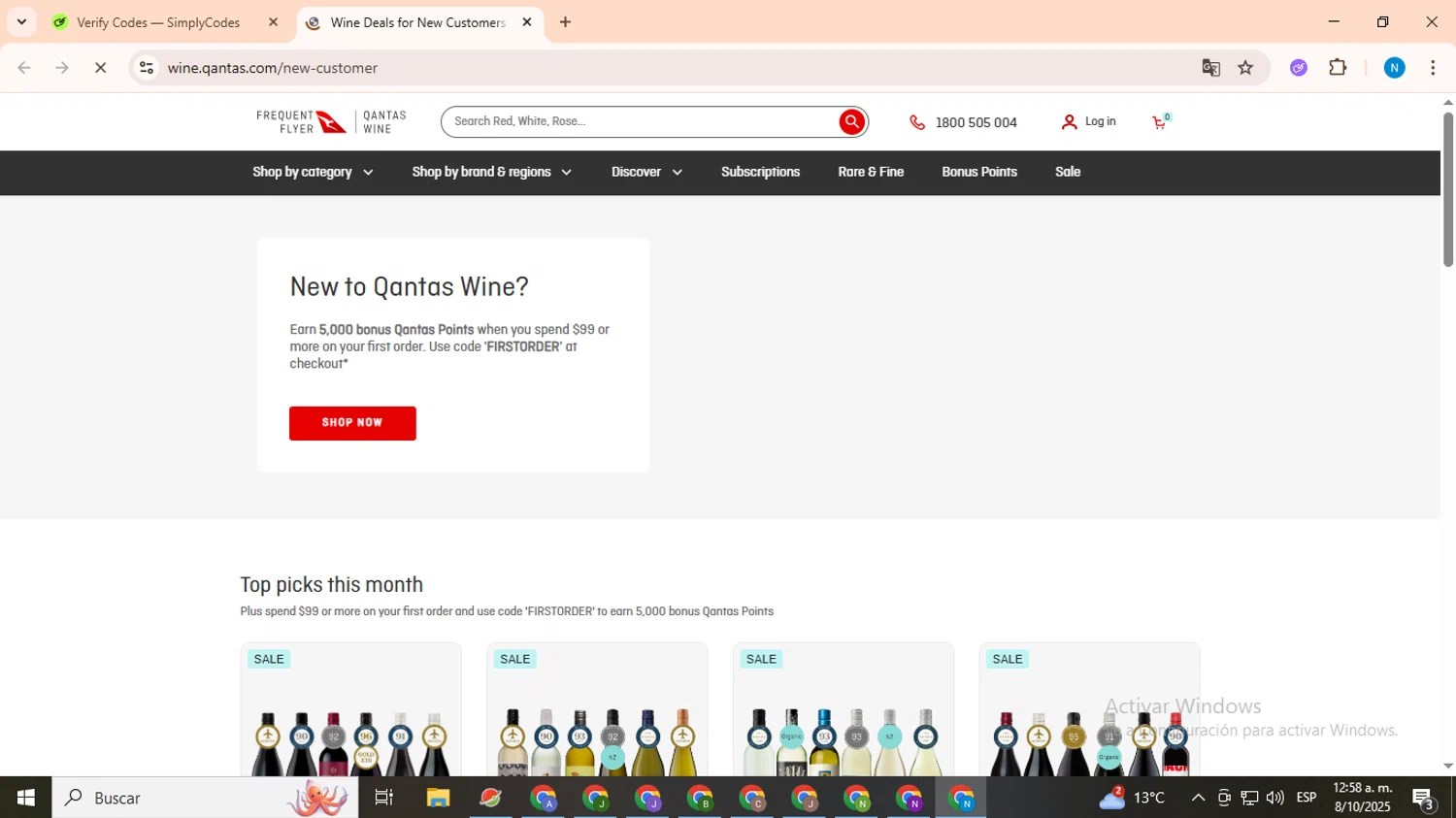 Qantas Airways promo code screenshot showing code FIRSTORDER applied at Qantas Airways checkout page. Uploaded by SimplyCodes community member CoinHawk678 on Oct 8, 2025