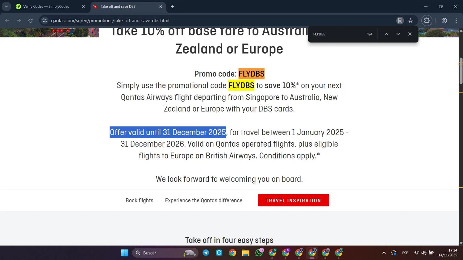 Qantas Airways promo code screenshot showing code FLYDBS applied at Qantas Airways checkout page. Uploaded by SimplyCodes community member CleverFalcon6244 on Nov 14, 2025