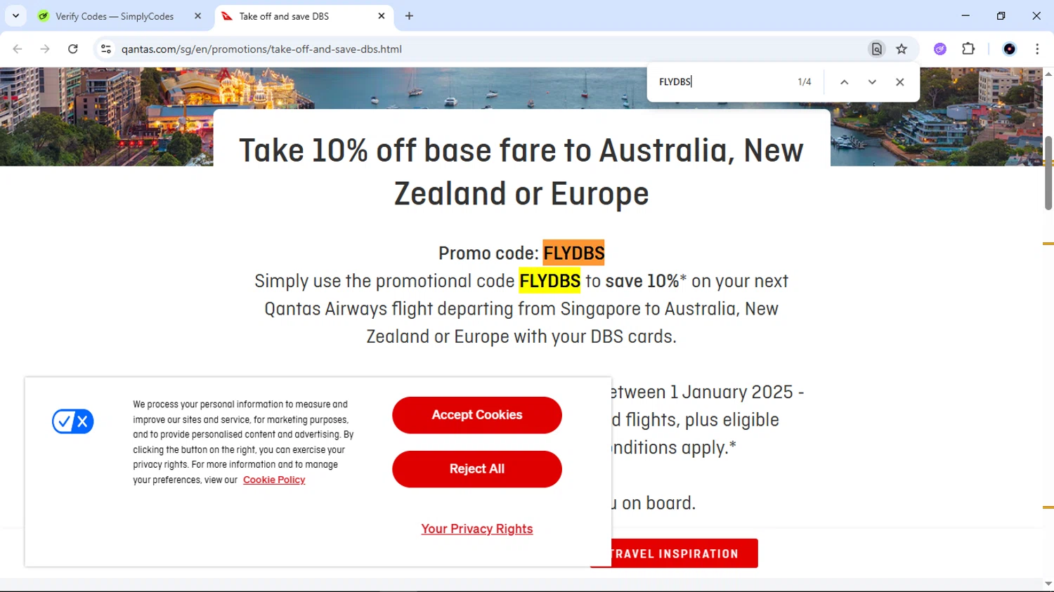 Qantas Airways promo code screenshot showing code FLYDBS applied at Qantas Airways checkout page. Uploaded by SimplyCodes community member EpicTiger6039 on Nov 29, 2025
