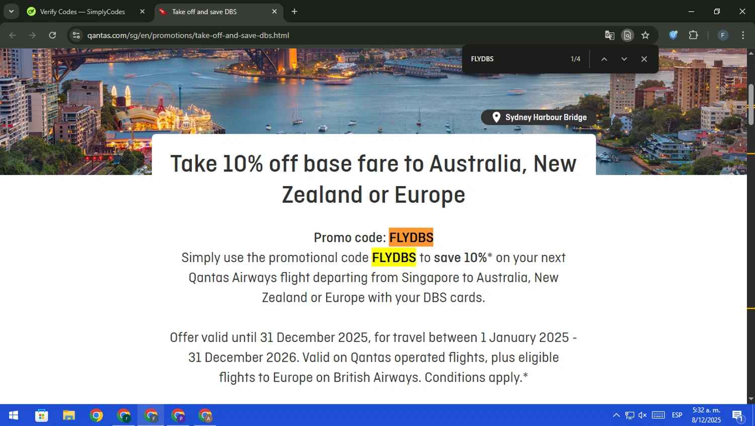 Qantas Airways promo code screenshot showing code FLYDBS applied at Qantas Airways checkout page. Uploaded by SimplyCodes community member pajarito on Dec 8, 2025