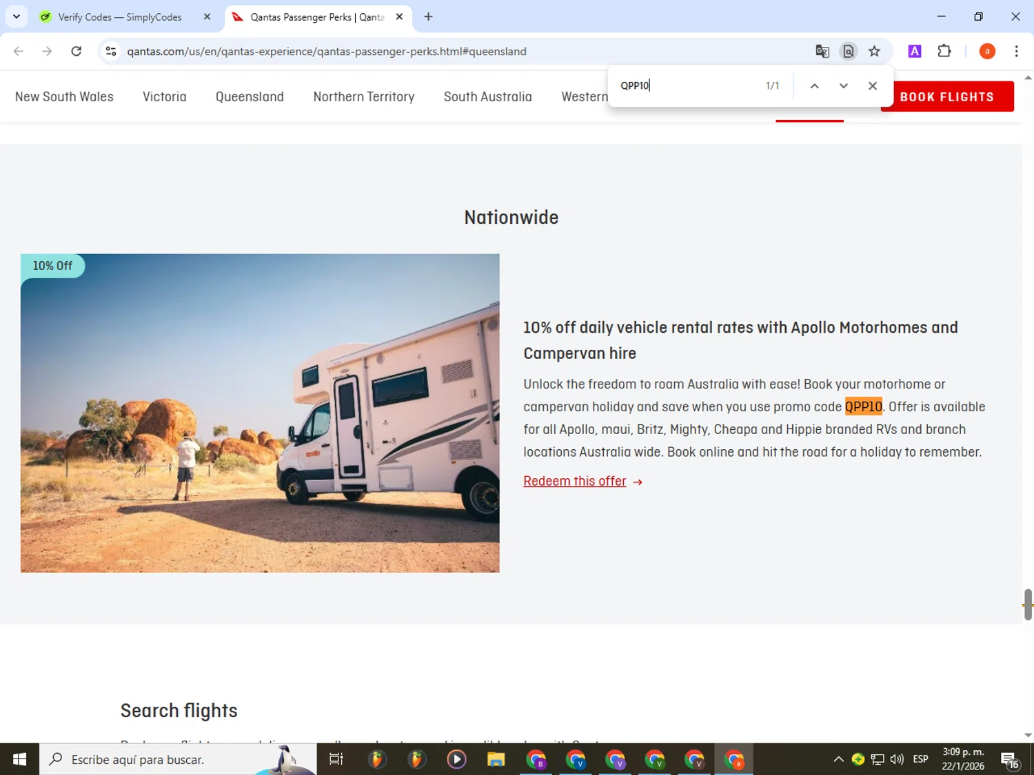 Qantas Airways checkout page showing Qantas Airways promo code box | Screenshot taken by SimplyCodes community member on Jan 22, 2026