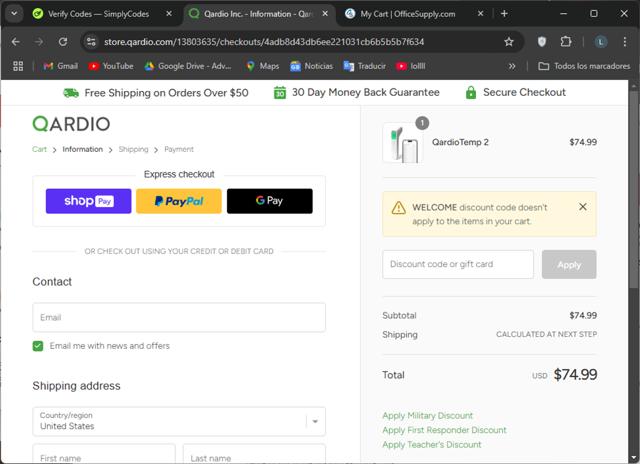 Qardio checkout page showing Qardio discount code box | Screenshot taken by SimplyCodes community member on Nov 4, 2024