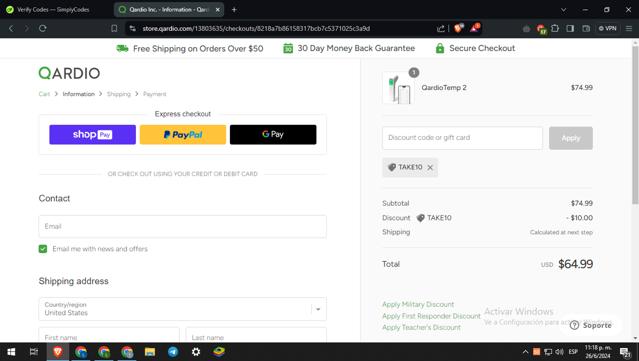 Qardio checkout page showing Qardio discount code box | Screenshot taken by SimplyCodes community member on Jun 27, 2024
