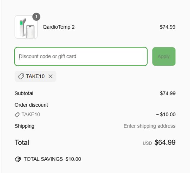 Qardio checkout page showing Qardio discount code box | Screenshot taken by SimplyCodes community member on Apr 22, 2025
