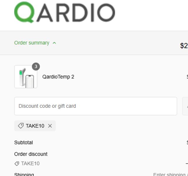 Qardio checkout page showing Qardio discount code box | Screenshot taken by SimplyCodes community member on Feb 6, 2025