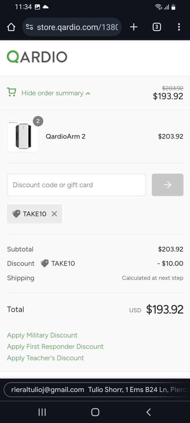 Qardio checkout page showing Qardio discount code box | Screenshot taken by SimplyCodes community member on May 30, 2024