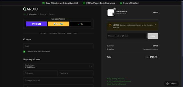 Qardio checkout page showing Qardio discount code box | Screenshot taken by SimplyCodes community member on Jun 24, 2024