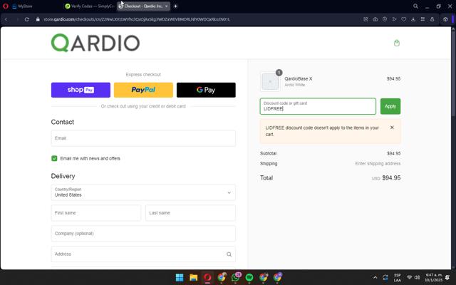 Qardio checkout page showing Qardio discount code box | Screenshot taken by SimplyCodes community member on Jan 10, 2025