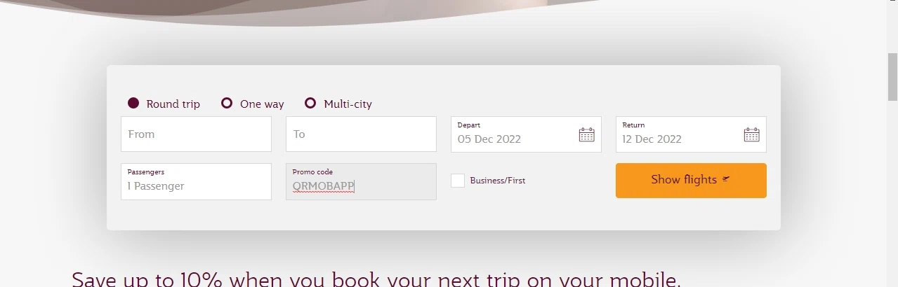 Qatar Airways checkout page showing Qatar Airways promo code box | Screenshot taken by SimplyCodes community member on Dec 5, 2022