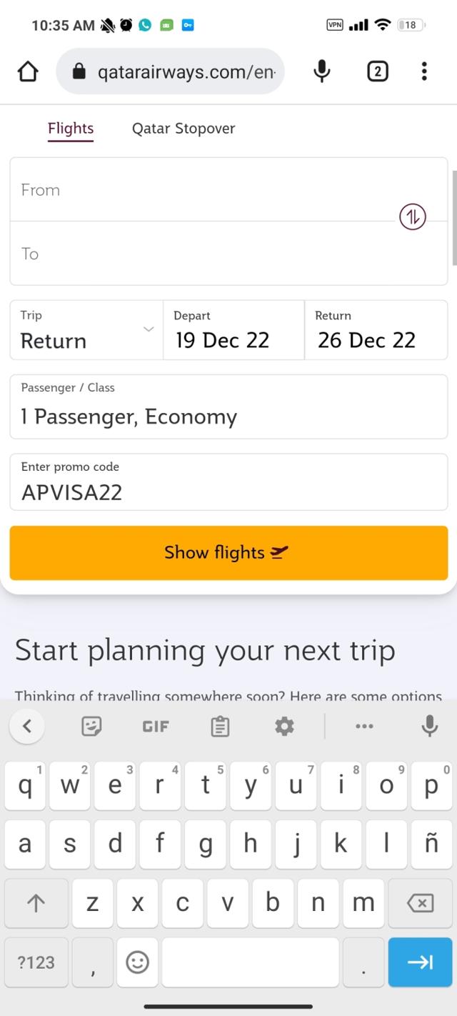 Qatar Airways checkout page showing Qatar Airways promo code box | Screenshot taken by SimplyCodes community member on Dec 19, 2022
