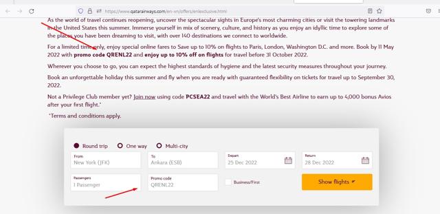 Qatar Airways checkout page showing Qatar Airways promo code box | Screenshot taken by SimplyCodes community member on Dec 17, 2022