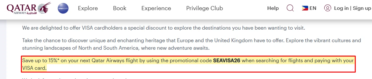 Qatar Airways Holidays promo code screenshot showing code SEAVISA26 applied at Qatar Airways Holidays checkout page. Uploaded by SimplyCodes community member SilverMakeup on Jun 9, 2026