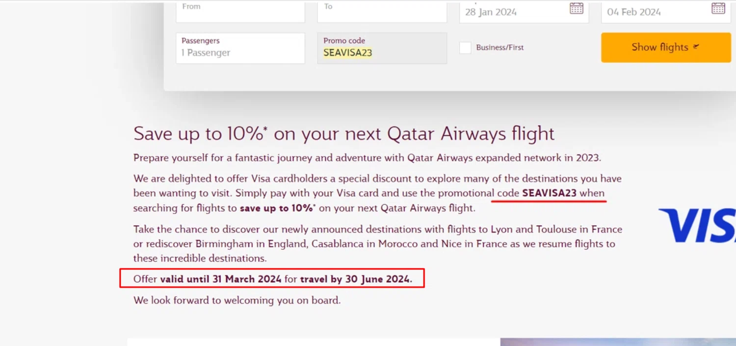 Qatar Airways promo code screenshot showing code SEAVISA23 applied at Qatar Airways checkout page. Uploaded by SimplyCodes community member HoneyJean on Jul 9, 2025