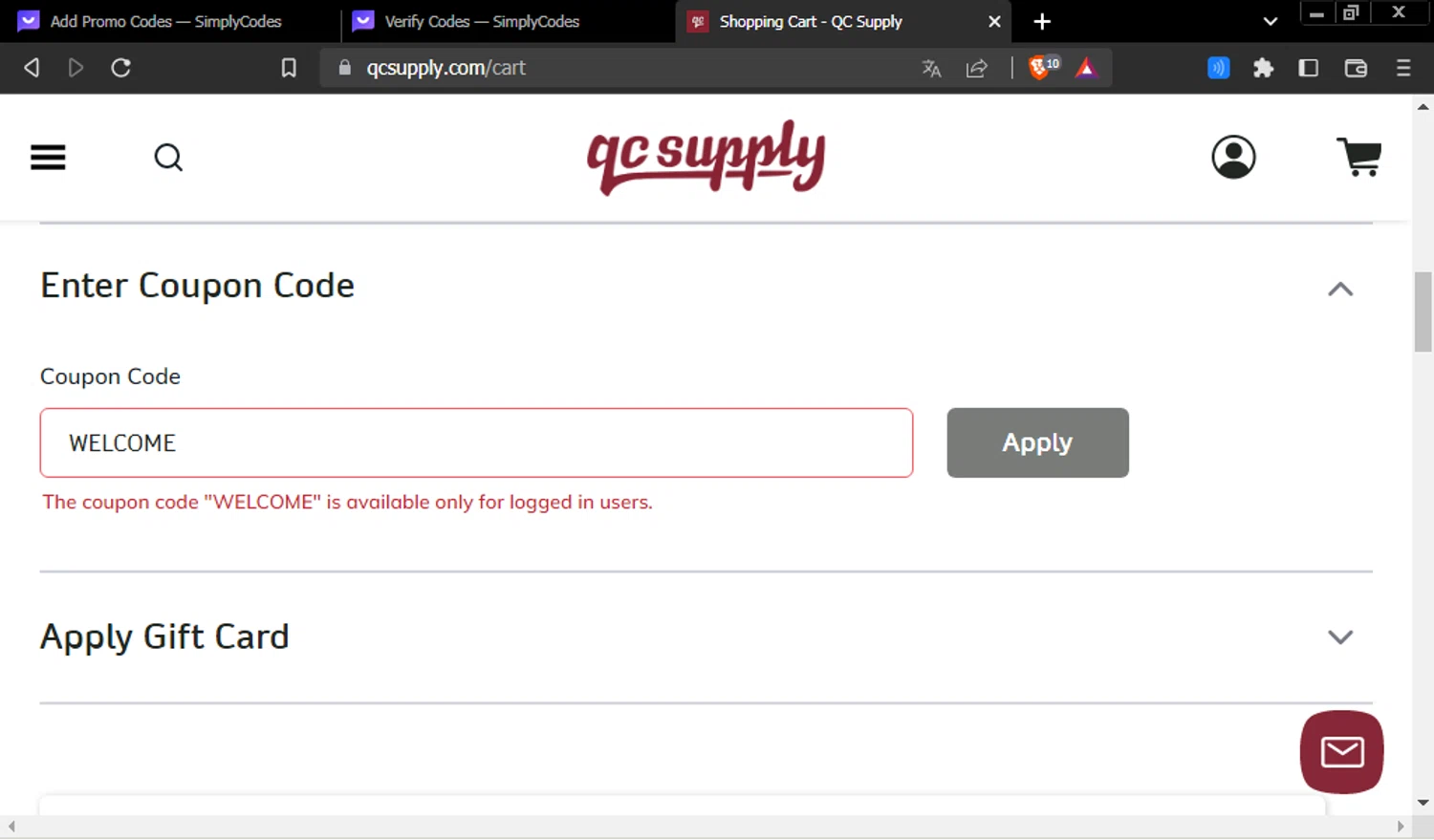 where to use QC Supply promo code box