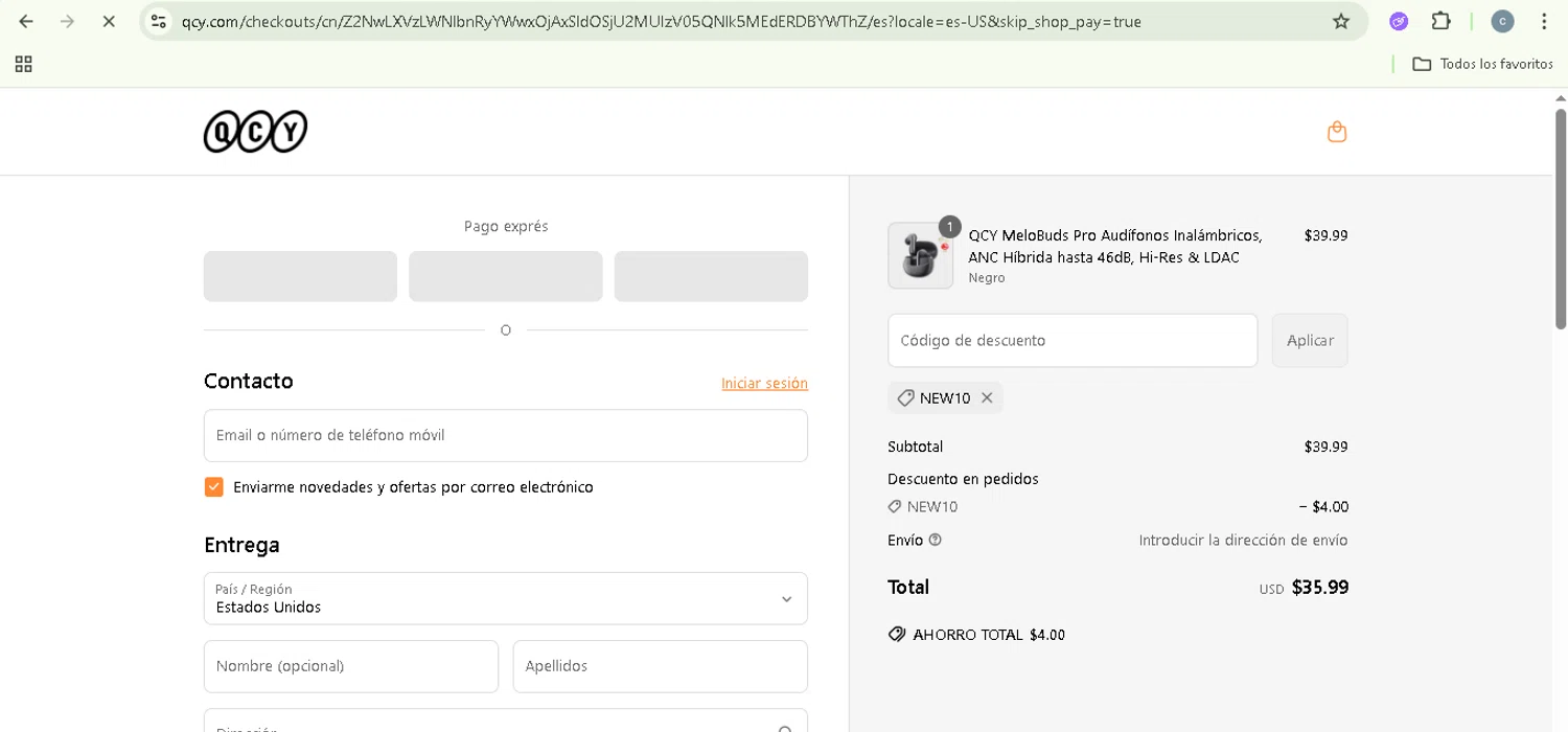 QCY discount code screenshot showing code NEW10 applied at QCY checkout page. Uploaded by SimplyCodes community member NobleSentinel8535 on Jun 1, 2025