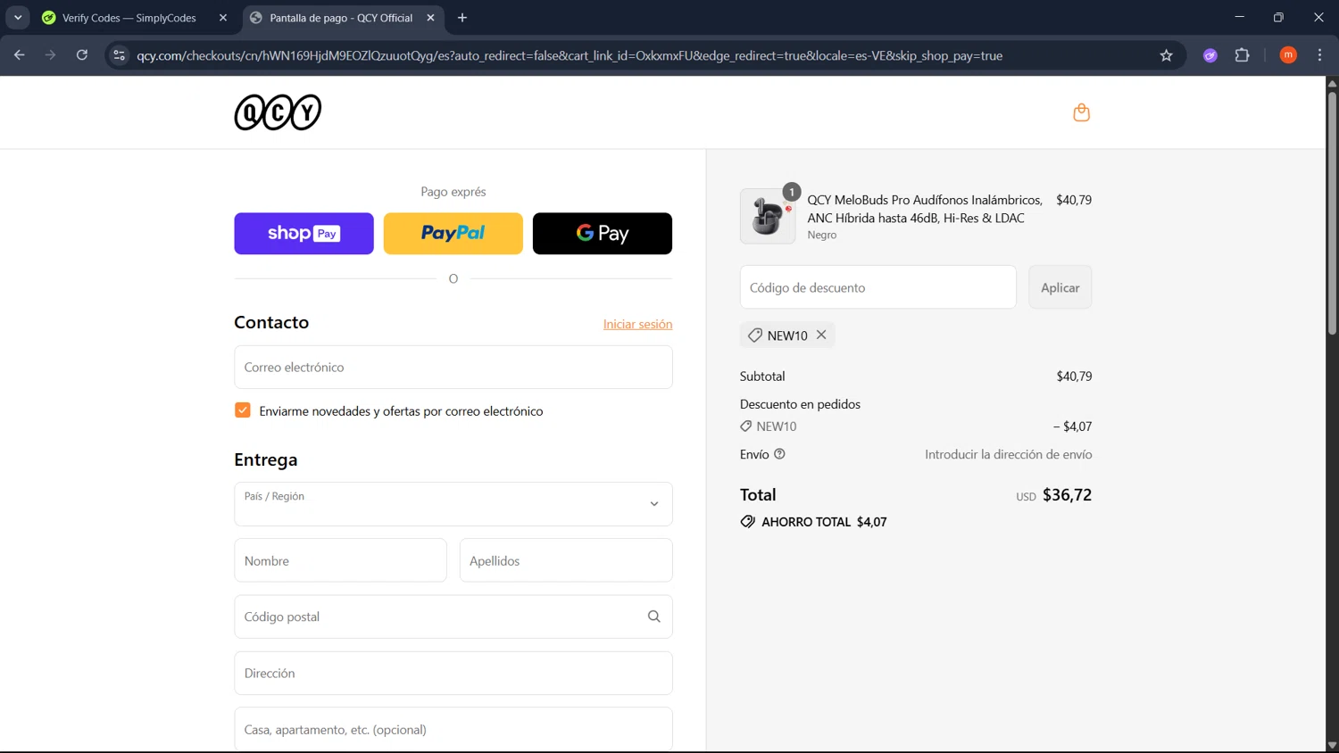 QCY discount code screenshot showing code NEW10 applied at QCY checkout page. Uploaded by SimplyCodes community member PromoMonarch895 on Jul 27, 2025
