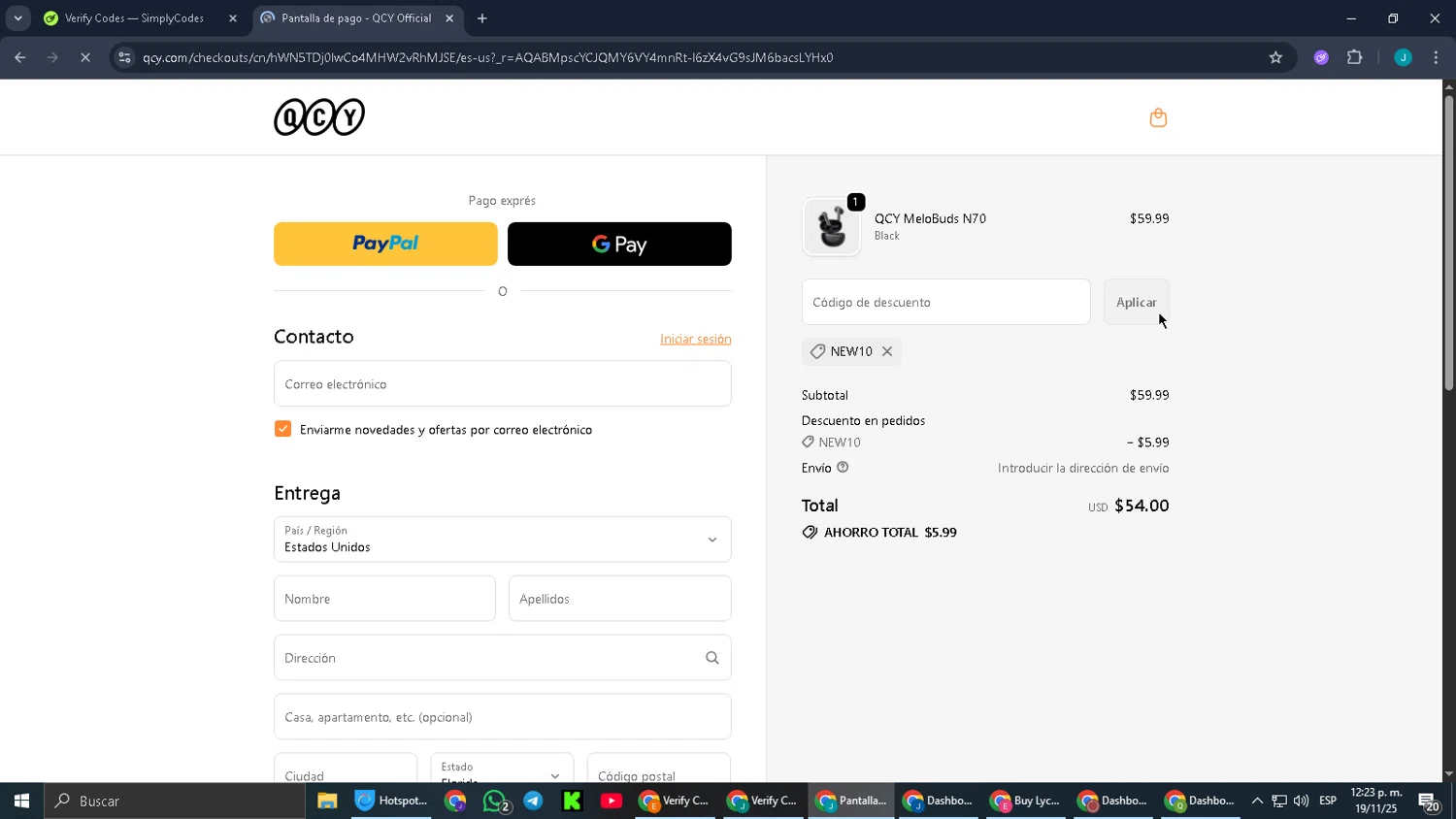 QCY discount code screenshot showing code NEW10 applied at QCY checkout page. Uploaded by SimplyCodes community member SmartMaverick5327 on Nov 19, 2025