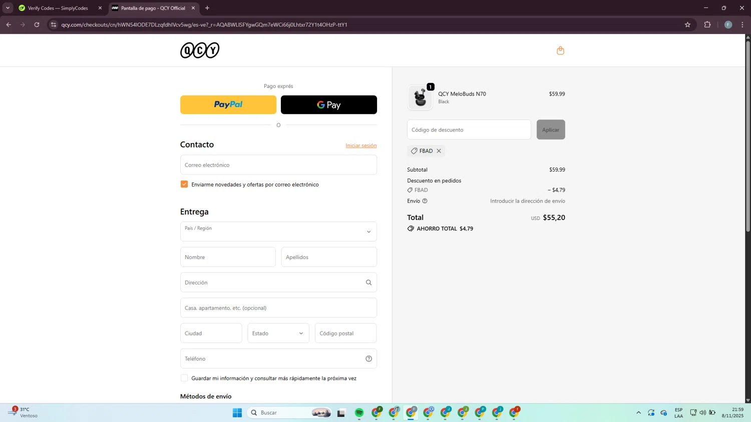 QCY discount code screenshot showing code FBAD applied at QCY checkout page. Uploaded by SimplyCodes community member MagnificentLynx1486 on Nov 9, 2025