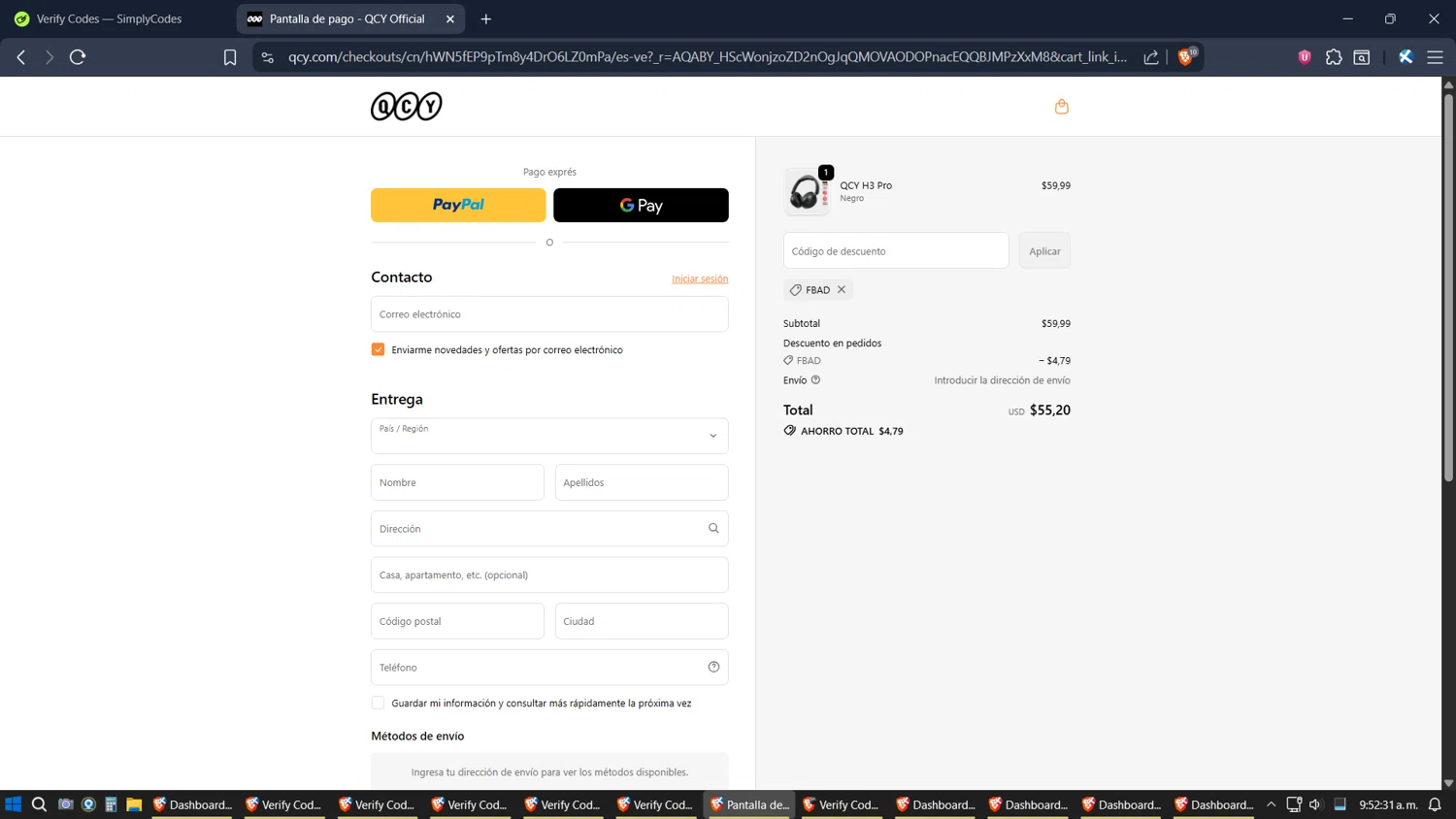 QCY discount code screenshot showing code FBAD applied at QCY checkout page. Uploaded by SimplyCodes community member jhordano on Nov 24, 2025