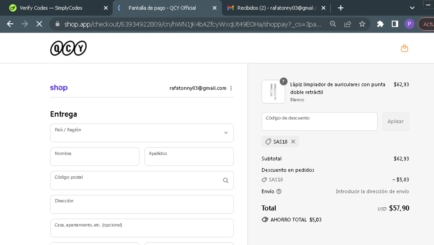 QCY discount code screenshot showing code SAS10 applied at QCY checkout page. Uploaded by SimplyCodes community member ParisSmith on Aug 12, 2025