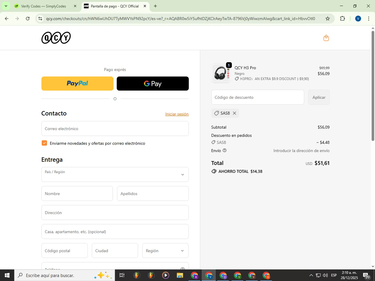 QCY discount code screenshot showing code SAS8 applied at QCY checkout page. Uploaded by SimplyCodes community member Garou_Y2K on Dec 28, 2025