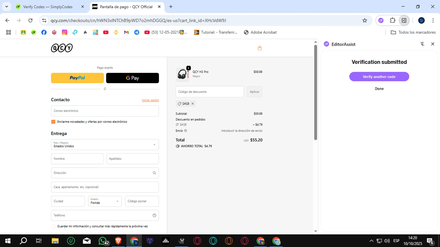 QCY discount code screenshot showing code SAS8 applied at QCY checkout page. Uploaded by SimplyCodes community member SunJinWoo on Oct 10, 2025